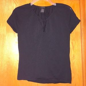 The Limited M black thin sheer knit stretch top tunic tie neck shirt blouse EUC